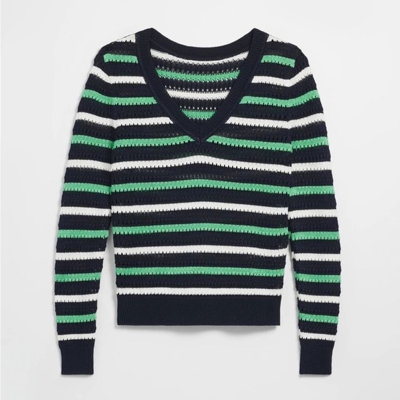 WHBM Long Sleeve Stripe V-Neck Pullover Sweater Size Small Preppy Knit Coastal - Picture 1 of 11